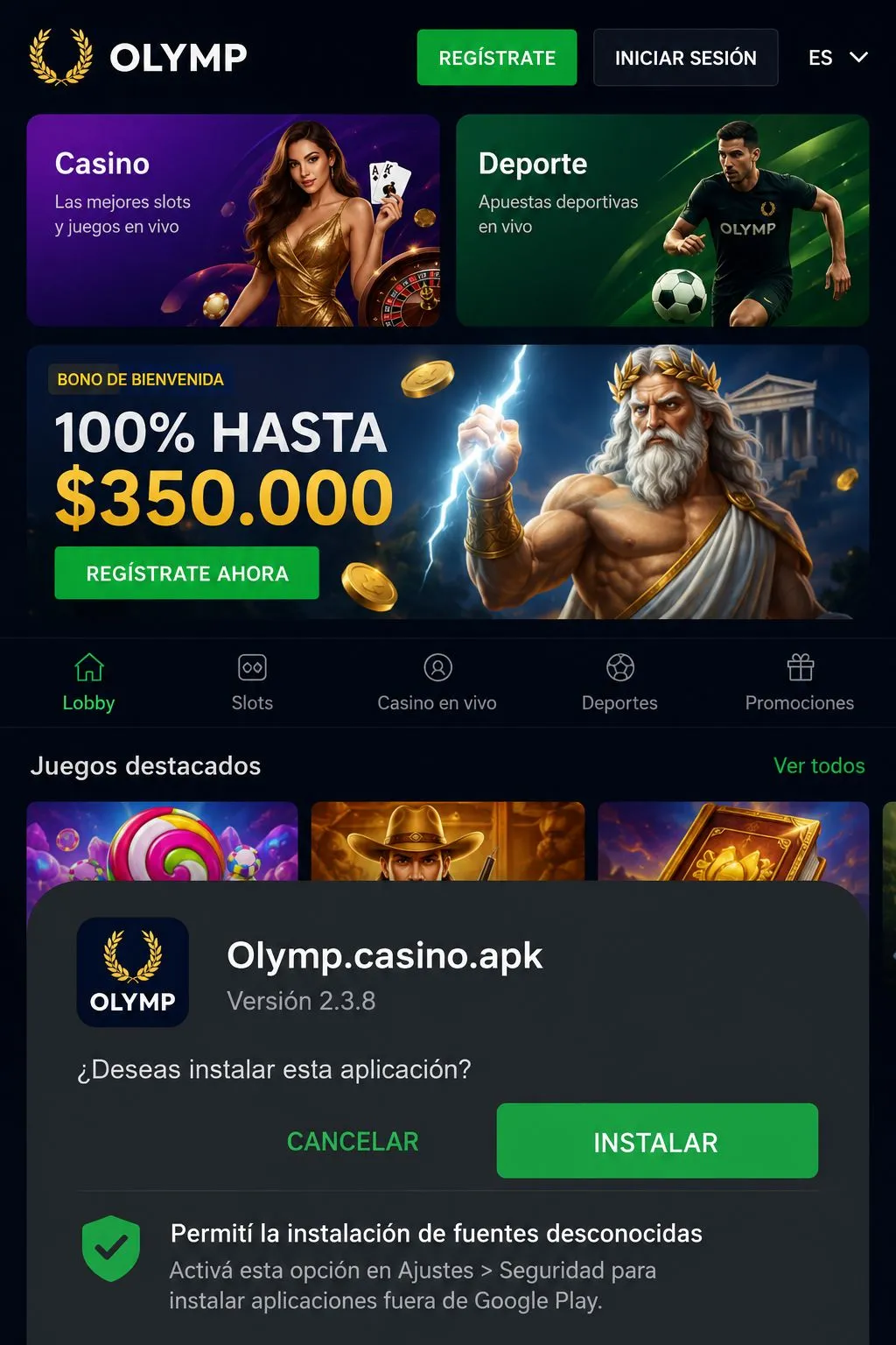 Cómo instalar app Olimp Casino en un dispositivo Android